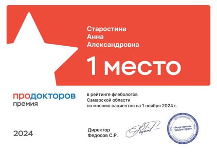 Диплом ПроДокторов 1 место флеболог